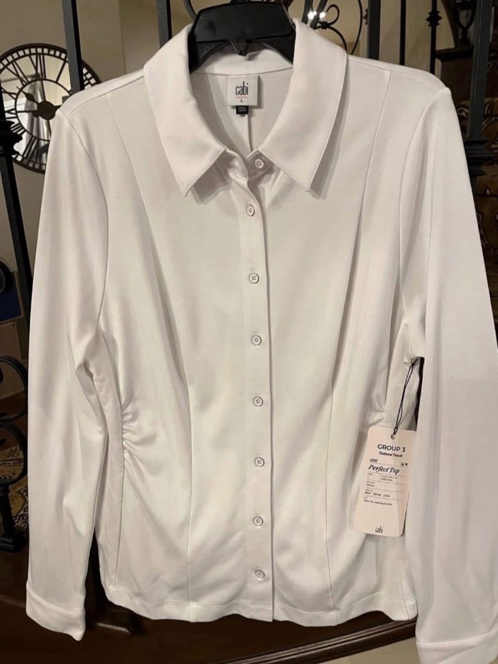 cabi #1202 Perfect Top. NWT. Size Large. 56% Rayon, 38% nylon, 6% spandex.